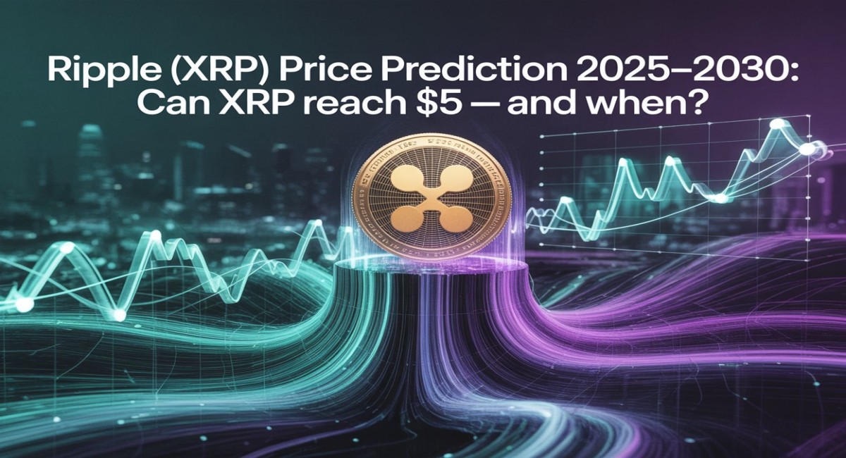 A dynamic and futuristic conceptual advertisement for an article. The central focus is a glowing, stylized gold Ripple (XRP) coin floating above a luminous, pillar-like structure. From the base of this pillar, vibrant, glowing data streams and light trails in shades of cyan and magenta flow outward in a wavy, dynamic pattern. The background features a blurred, futuristic cityscape at night. Superimposed over the entire image are transparent, fluctuating financial graphs, suggesting market analysis and price movement. The title of the article, 'Ripple (XRP) Price Prediction 2025–2030: Can XRP reach $5 — and when?', is prominently displayed in a clean, white font at the top of the image.