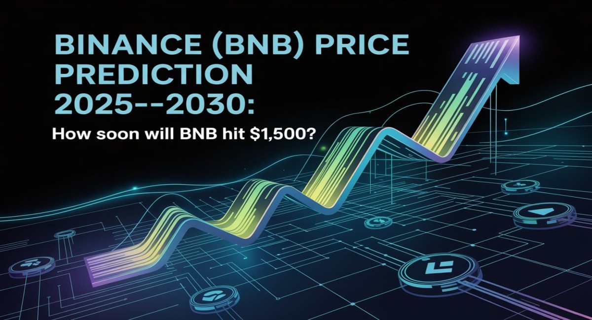 A dark, futuristic digital image with a central, prominent upward-trending arrow graph, glowing with hues of purple, blue, and yellow-green, symbolizing growth in the cryptocurrency market. The graph originates from a glowing circuit board-like base with lines and dots representing data flow. Around the base of the graph are several glowing, stylized cryptocurrency coin icons. The top left of the image features the bold, white text: "BINANCE (BNB) PRICE PREDICTION 2025-2030: How soon will BNB hit $1,500?". The overall aesthetic suggests technology, finance, and future market trends.