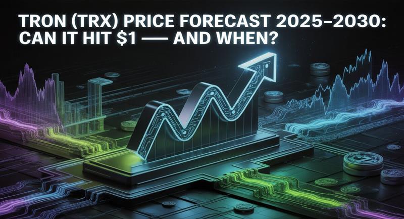 A digital illustration shows a futuristic, stylized financial chart. The central focus is a large, three-dimensional, glowing arrow representing an upward trend, rising from a complex circuit board-like base. To the left and right of this central element are glowing, transparent bar and line graphs, also in a futuristic style. The background is dark with faint digital patterns. The title "TRON (TRX) PRICE FORECAST 2025-2030: CAN IT HIT $1 — AND WHEN?" is prominently displayed in bold, white text at the top of the image. The overall aesthetic is one of technology, finance, and growth.
