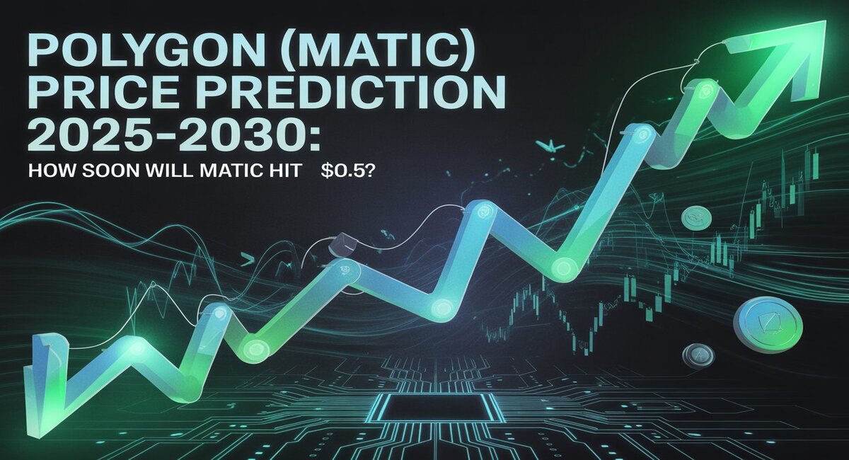 an image with a price prediction for Polygon (MATIC) from 2025 to 2030. The Image features a rising graph with a futuristic design and asks the question of how soon MATIC will hit $0.5.