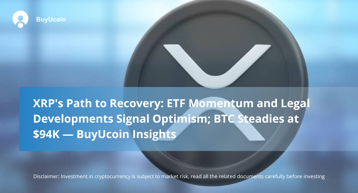 This images shows Futuristic image of a silver XRP coin with a blue blurred background, highlighting XRP's recovery momentum and Bitcoin's $94K stability as shared in BuyUcoin Insights