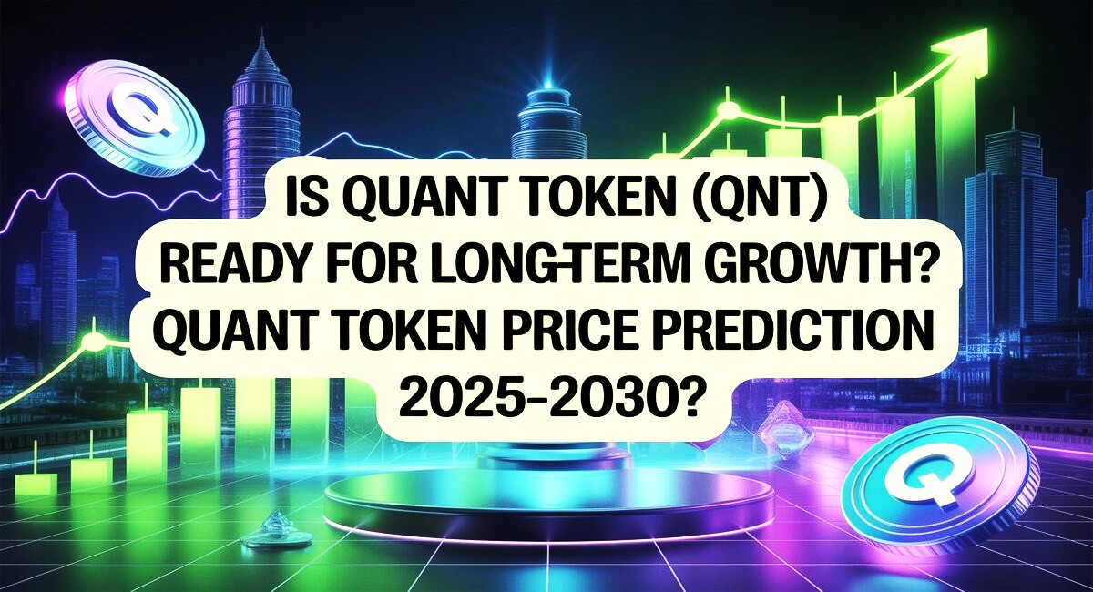 A futuristic cityscape with digital elements and glowing coins marked "Q." Large, bold text reads "Is Quant Token (QNT) Ready for Long-Term Growth? Quant Token Price Prediction 2025-2030?" A rising, bright green arrow and ascending bar chart symbolize projected growth and optimistic price predictions for the Quant token.