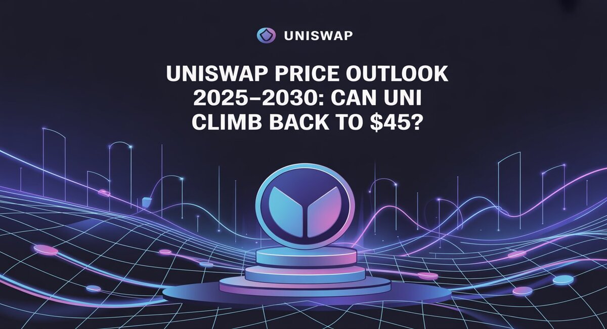 Uniswap price outlook 2025–2030 banner showing UNI token symbol with futuristic price chart background and headline asking if UNI can climb back to $45.